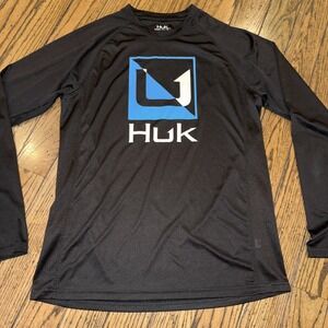 HUK Performance Fishing Long Sleeve Shirt Mens Small Black Logo